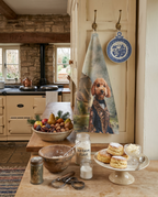 The Dogs Tale V8 kitchen towel in mixed linen with illustrated dog print