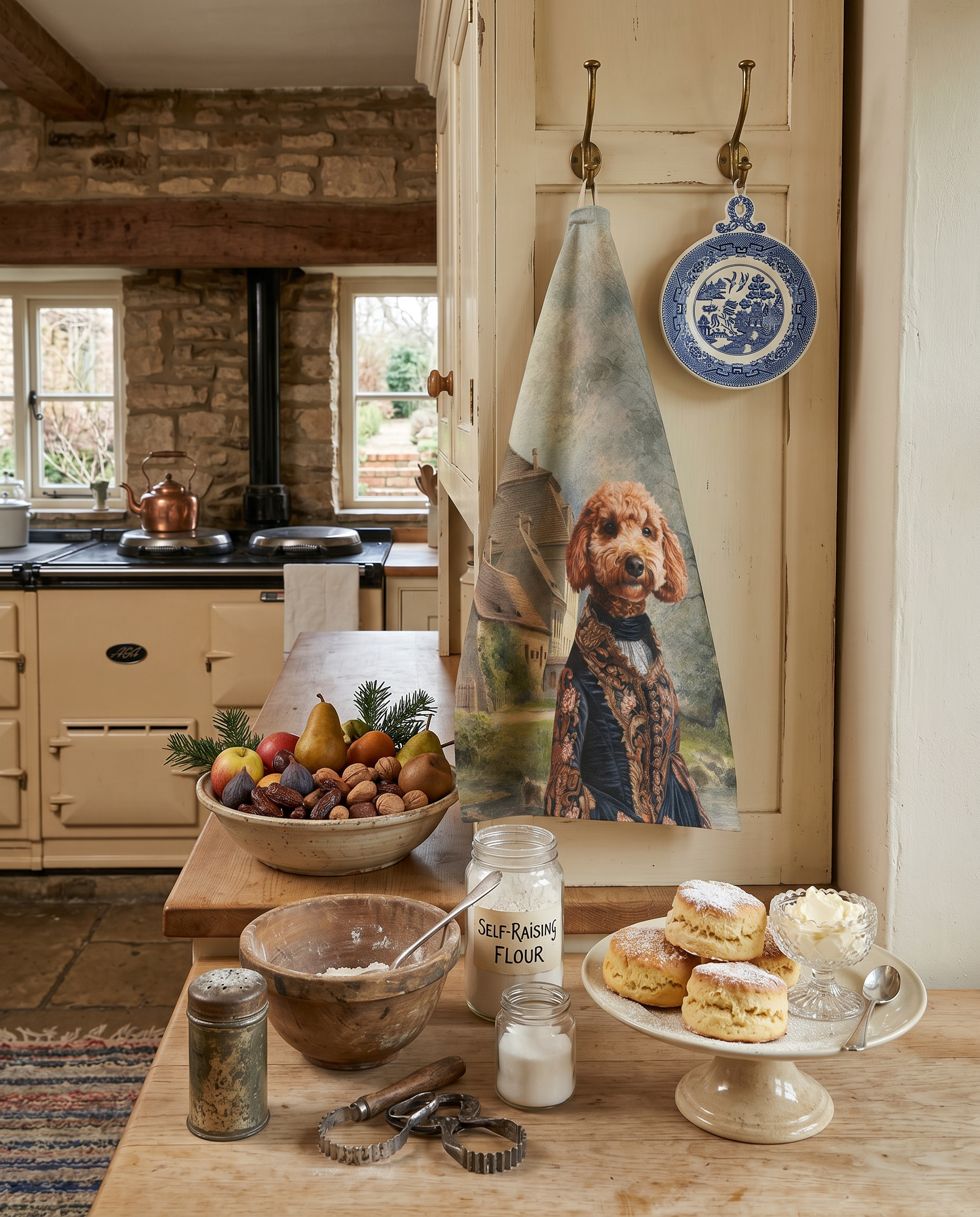 The Dogs Tale V8 kitchen towel in mixed linen with illustrated dog print