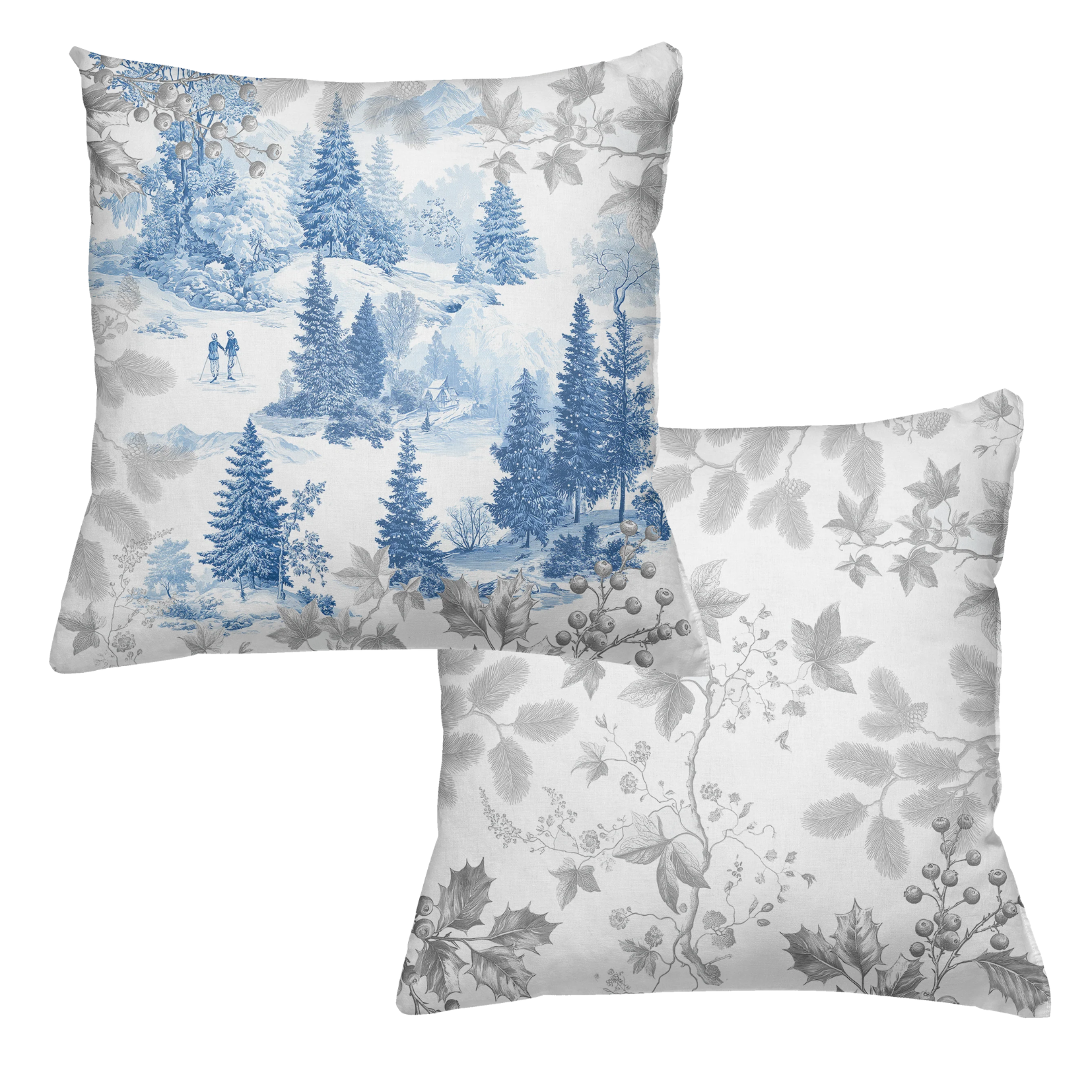 Toile De Jouy velvet cushion in blue variant with scenic illustrated print