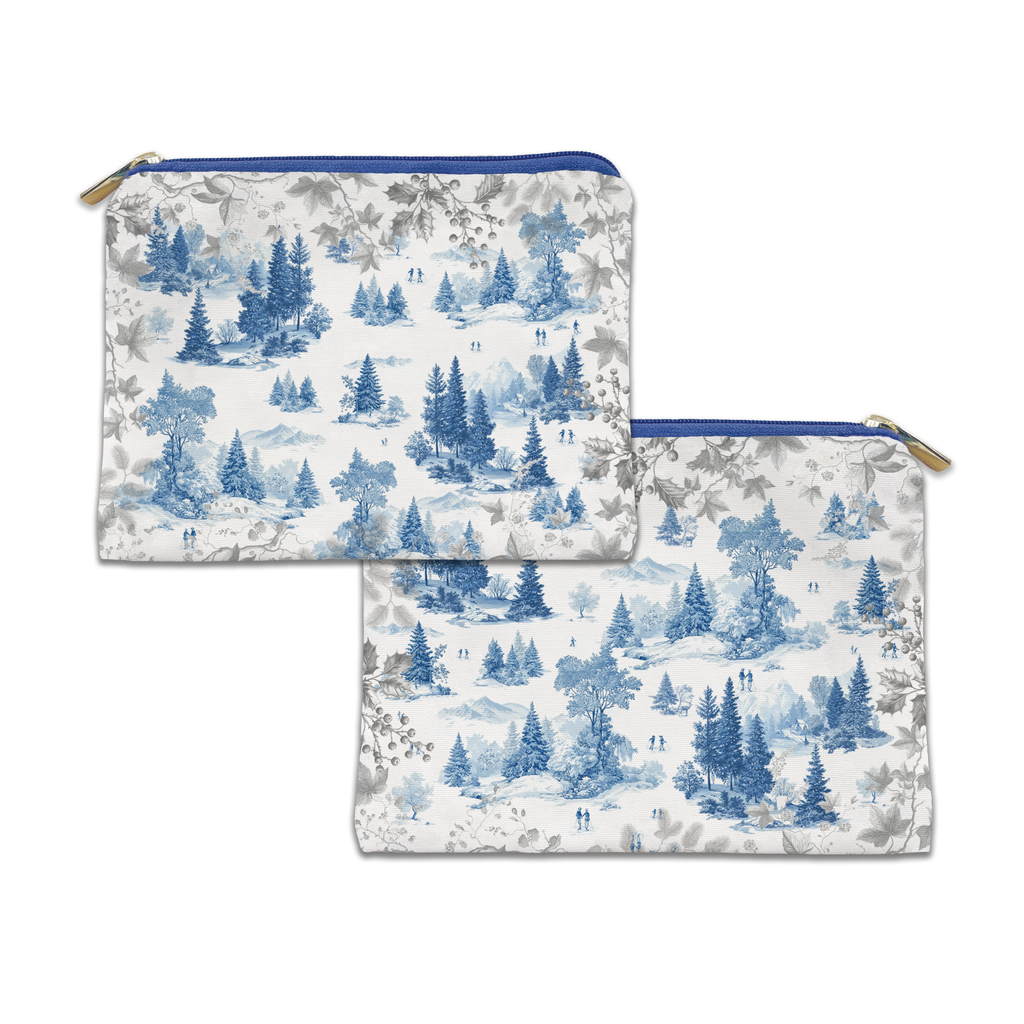 Toile De Jouy velvet trousse in green variant with scenic illustrated print