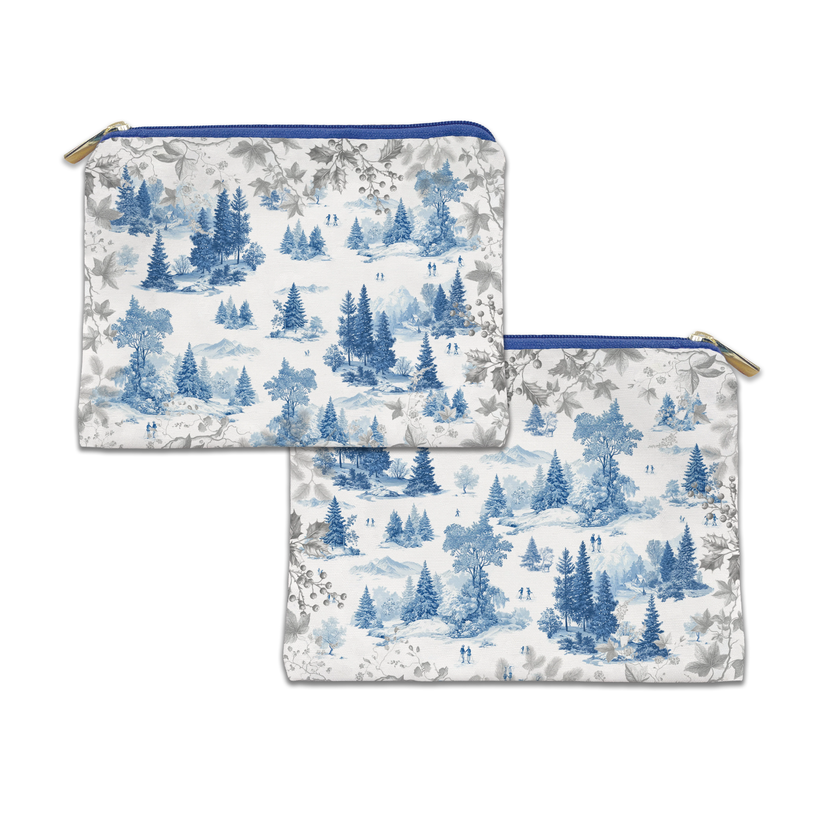 Toile De Jouy velvet trousse in green variant with scenic illustrated print