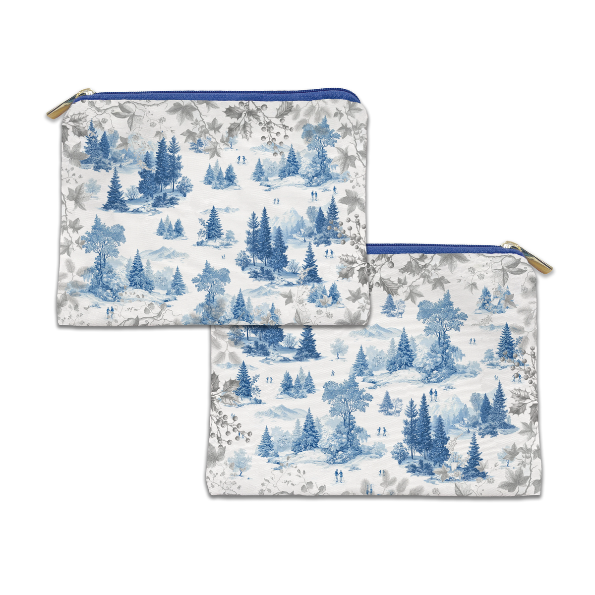 Toile De Jouy velvet trousse in green variant with scenic illustrated print