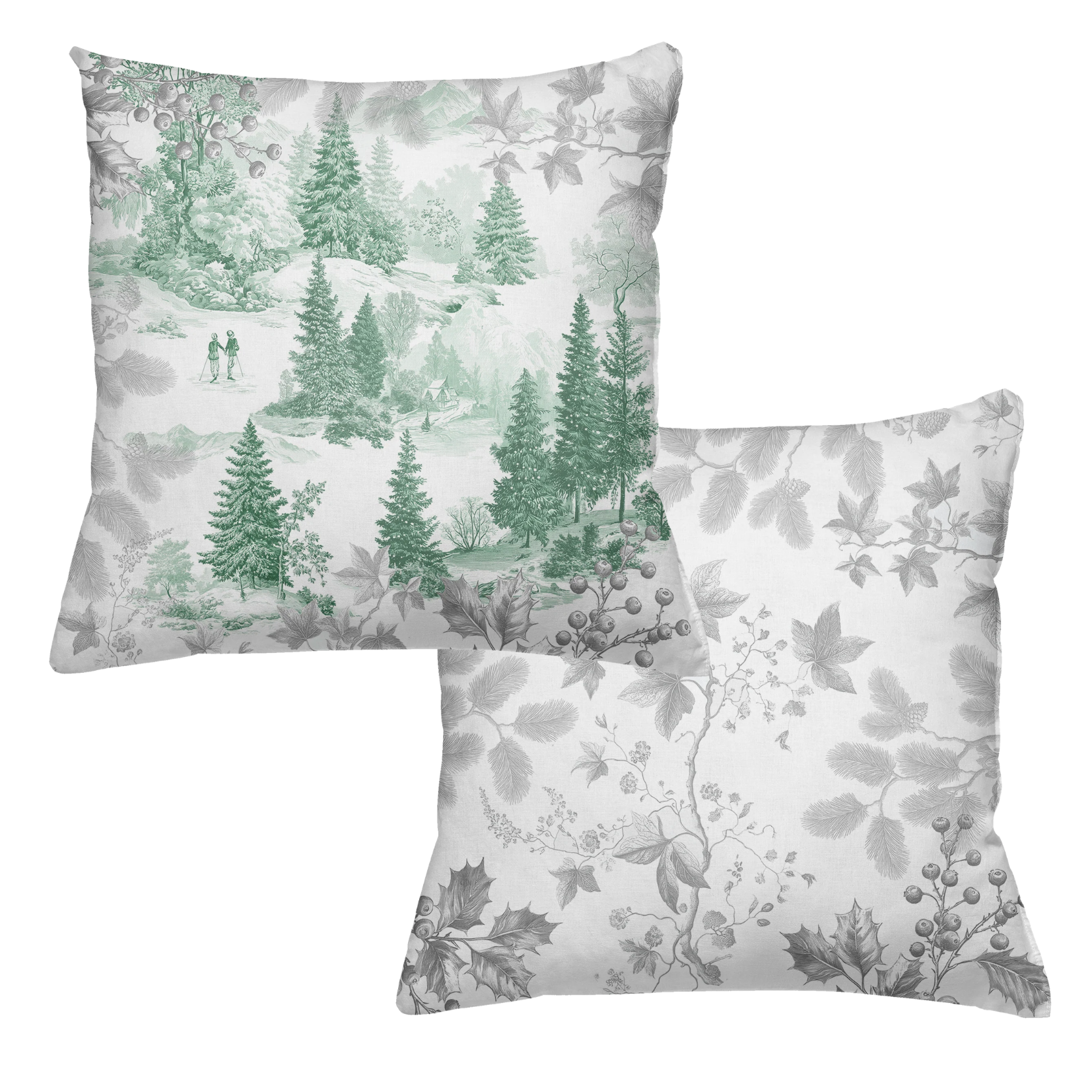Toile De Jouy velvet cushion in ruby variant with scenic illustrated print