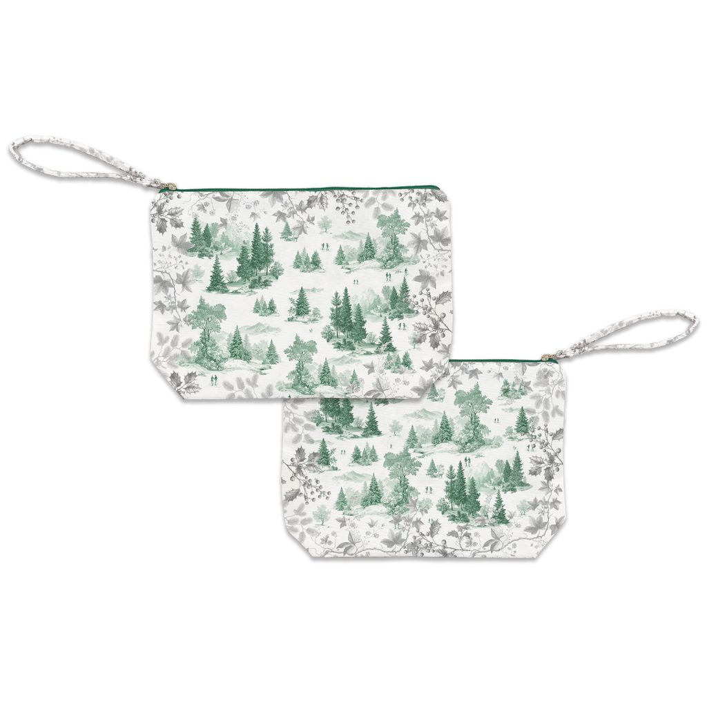 Toile De Jouy velvet pochette in ruby variant with scenic illustrated print