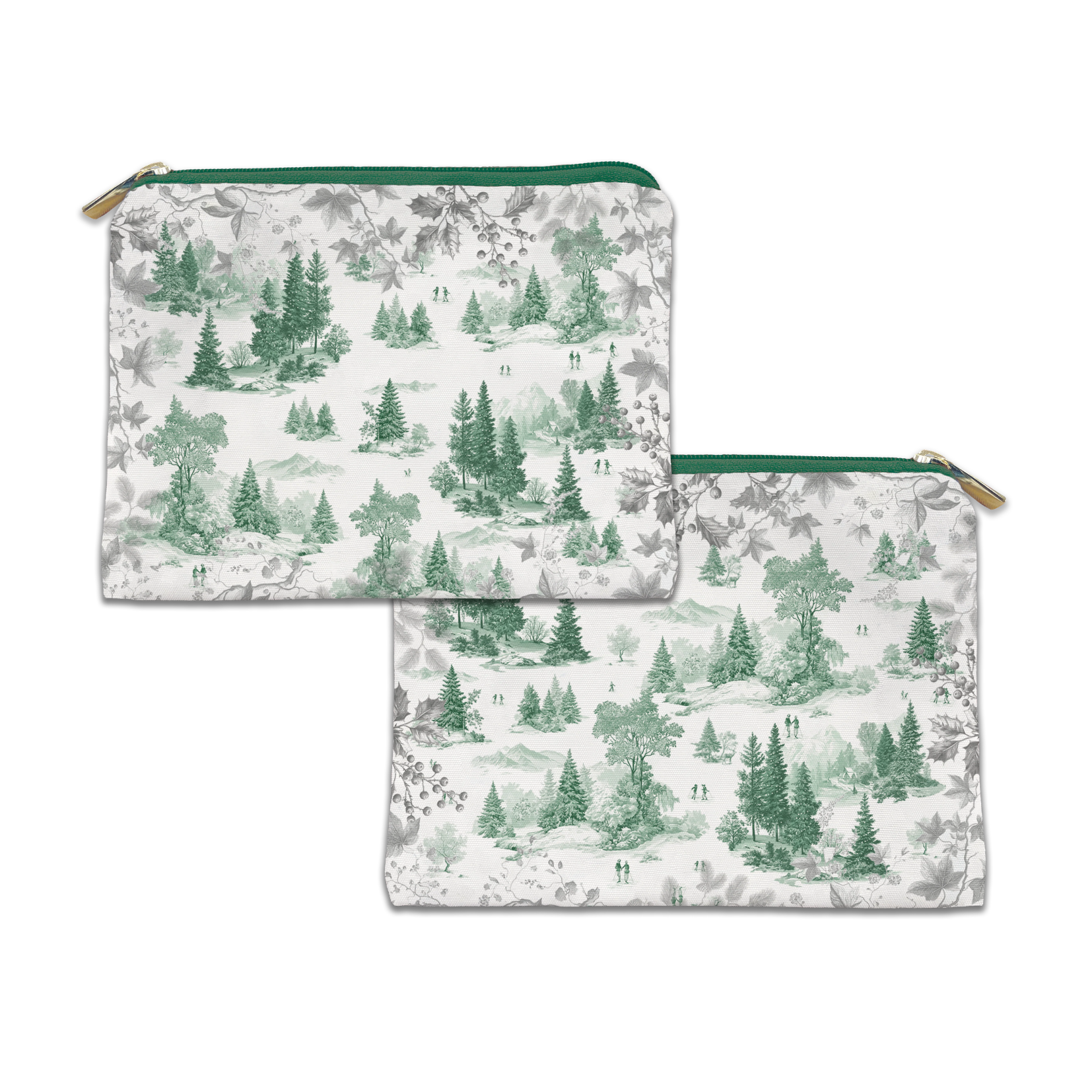 Toile De Jouy velvet trousse in ruby variant with scenic illustrated print