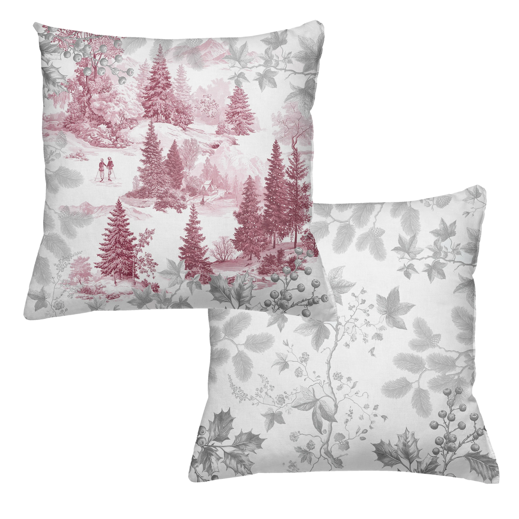 Toile De Jouy velvet cushion in green variant with scenic illustrated print