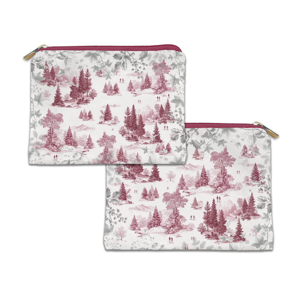 Toile De Jouy velvet trousse in blue variant with scenic illustrated print