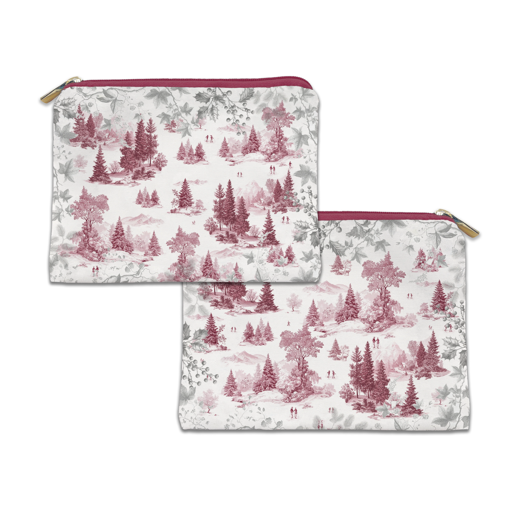 Toile De Jouy velvet trousse in blue variant with scenic illustrated print