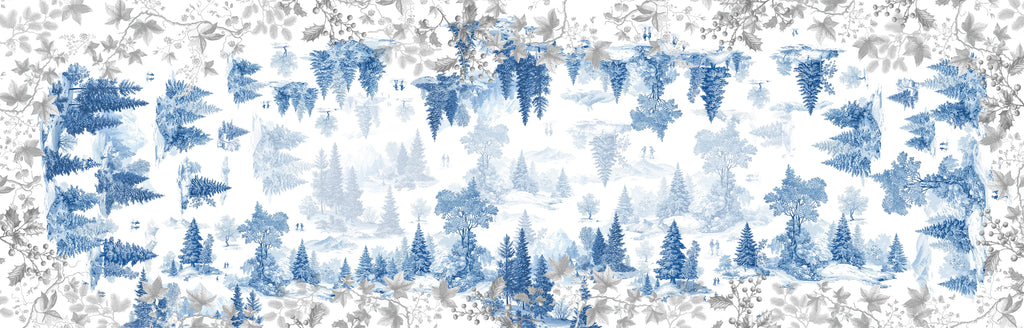 Toile De Jouy Runner Premium Linen with classic illustrated print, blue variant, 80x250 cm