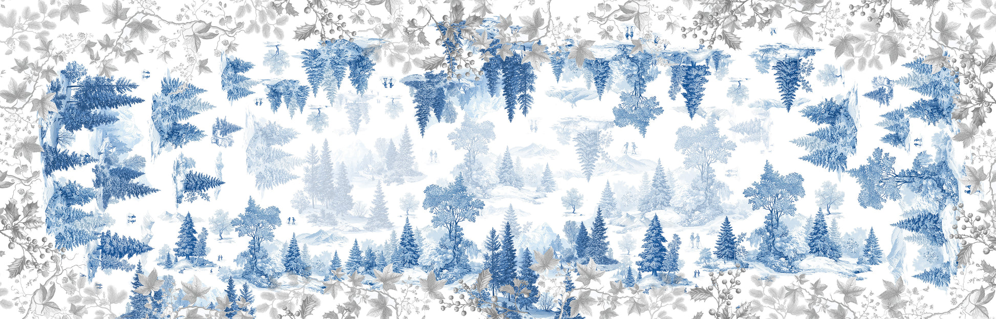 Toile De Jouy Runner Premium Linen with classic illustrated print, blue variant, 80x250 cm