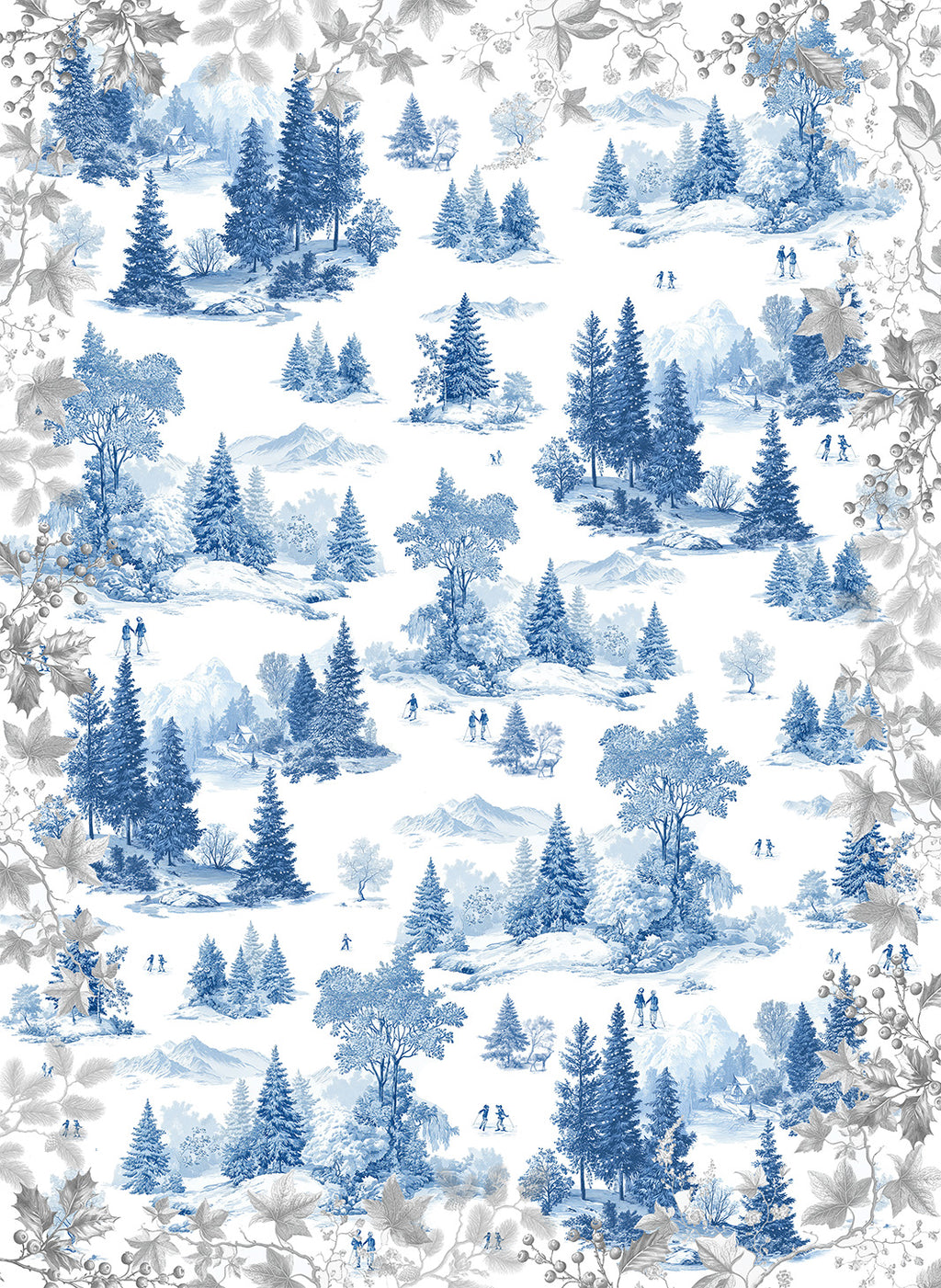 Toile de Jouy kitchen towels in Premium Linen with digitally printed design, blue variant, detail view