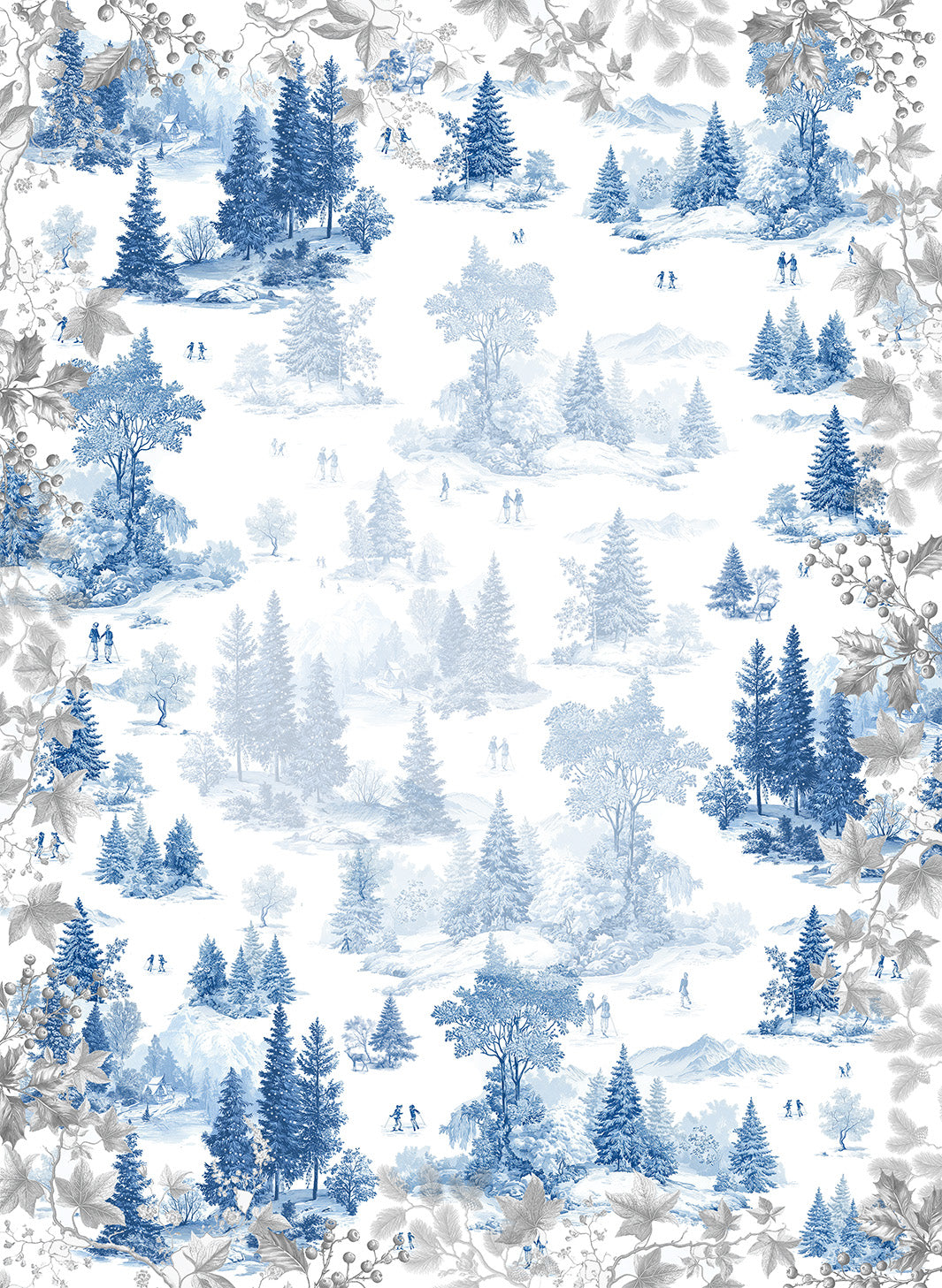 Toile de Jouy kitchen towels in Premium Linen with digitally printed design, blue variant, styled view