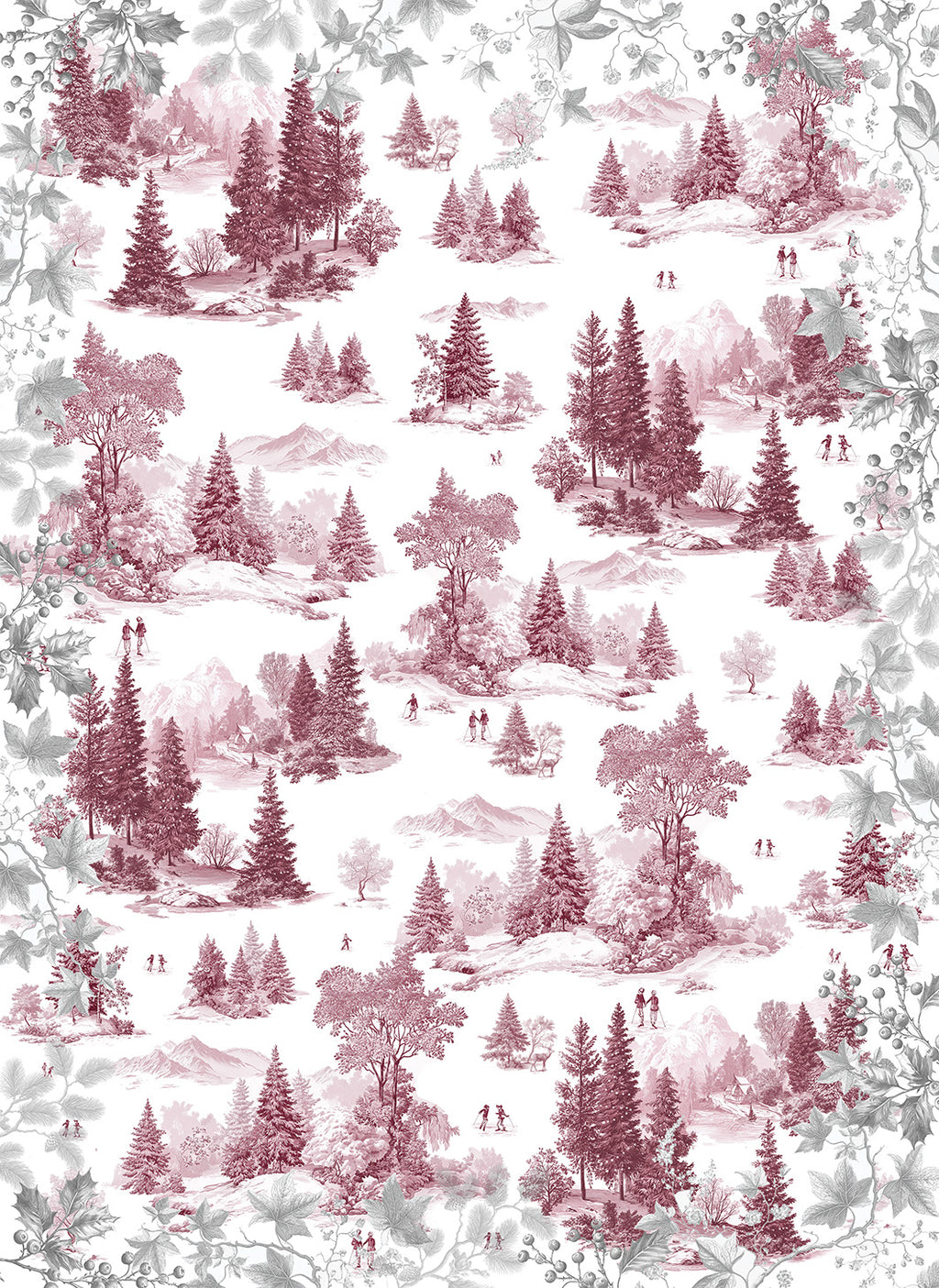 Toile de Jouy kitchen towels in Premium Linen with digitally printed design, ruby variant, detail view
