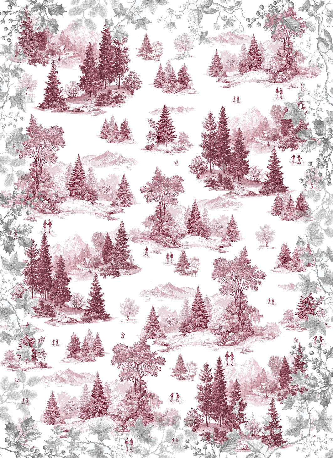 Toile de Jouy kitchen towels in Premium Linen with digitally printed design, ruby variant, detail view
