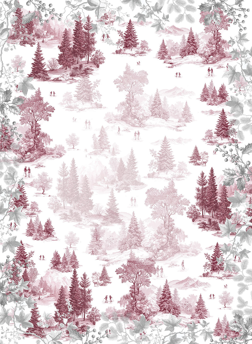 Toile de Jouy kitchen towels in Premium Linen with digitally printed design, ruby variant, styled view