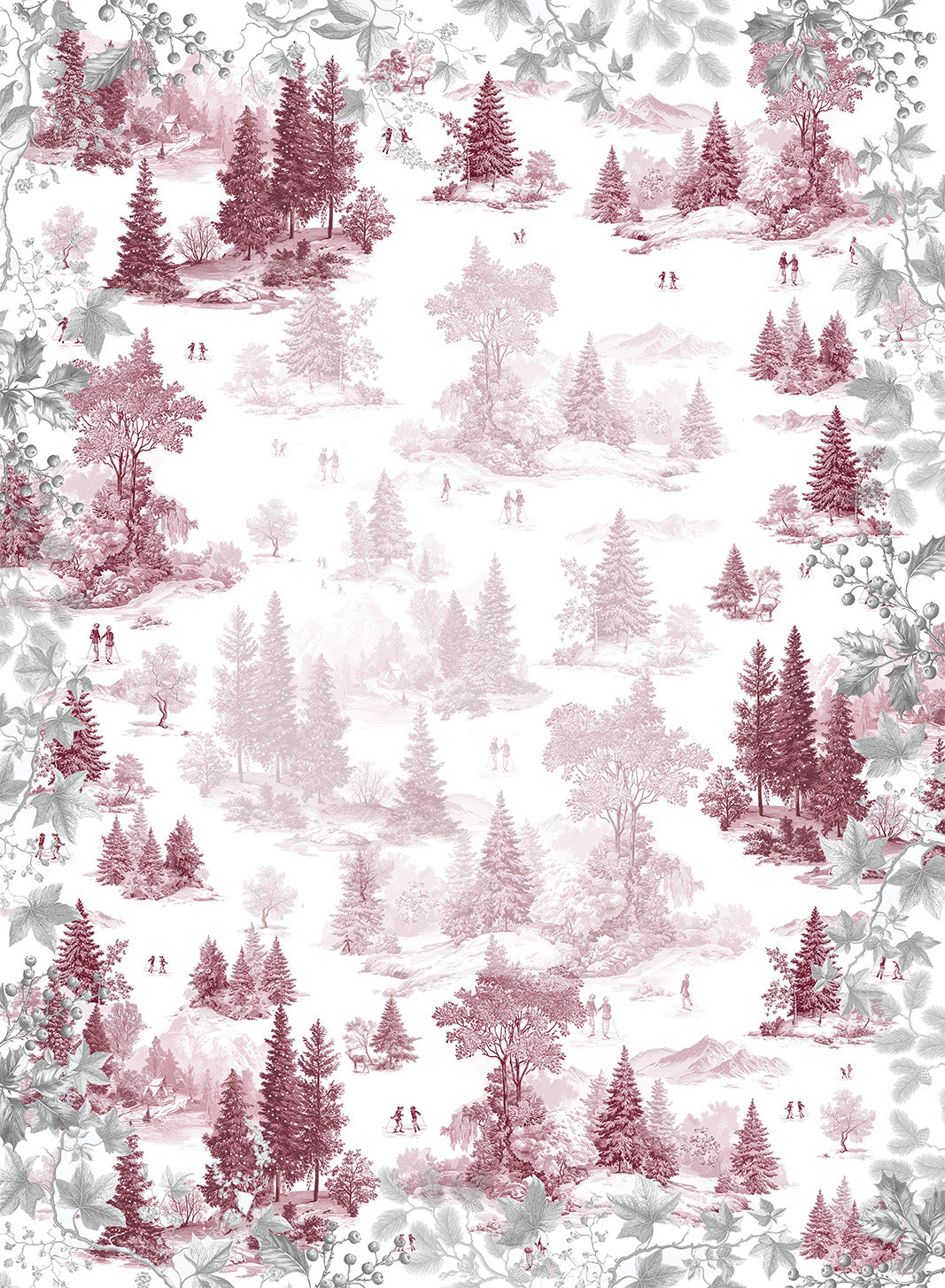 Toile de Jouy kitchen towels in Premium Linen with digitally printed design, ruby variant, styled view