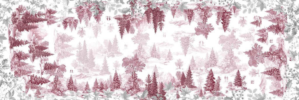 Toile De Jouy Runner Premium Linen with classic illustrated print, ruby variant, 50x150 cm