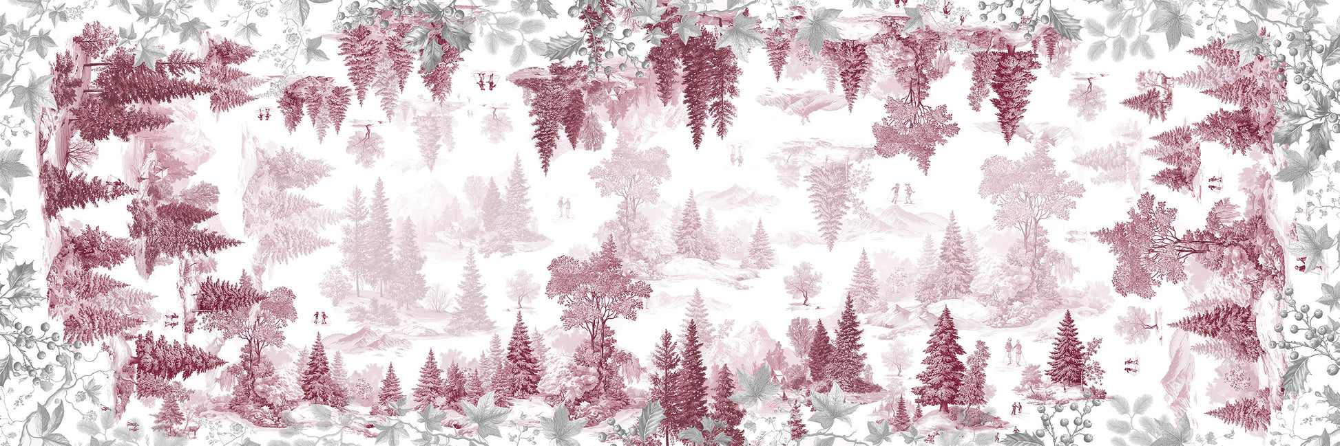 Toile De Jouy Runner Premium Linen with classic illustrated print, ruby variant, 50x150 cm