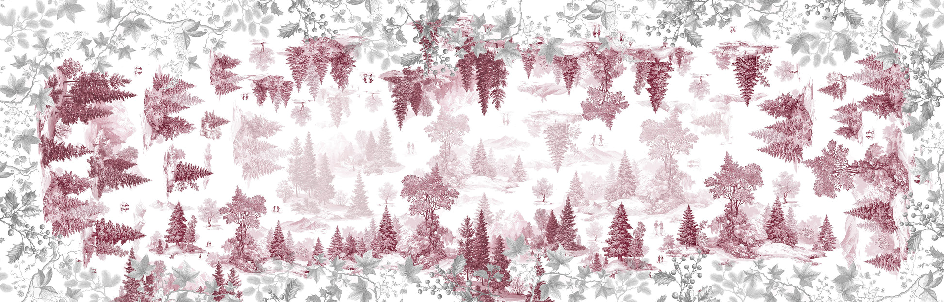 Toile De Jouy Runner Premium Linen with classic illustrated print, ruby variant, 80x250 cm