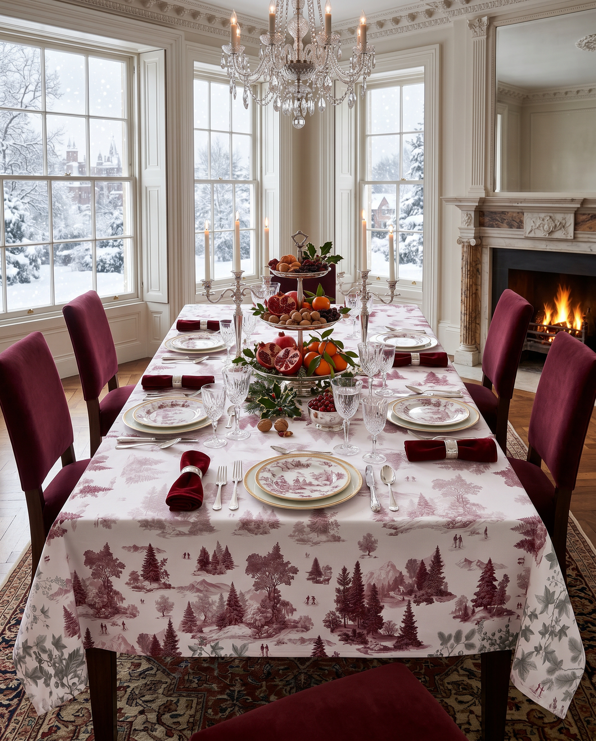 Toile De Jouy tablecloth premium linen in 180x360 cm with digitally printed decorative design