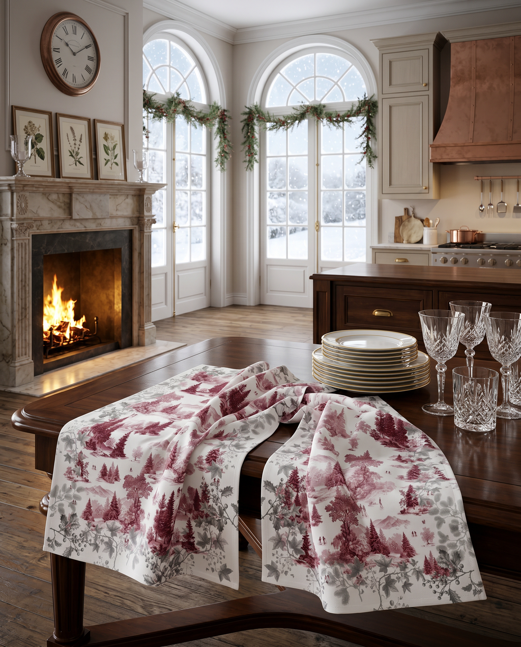 Toile de Jouy kitchen towels in Premium Linen with digitally printed design, ruby variant