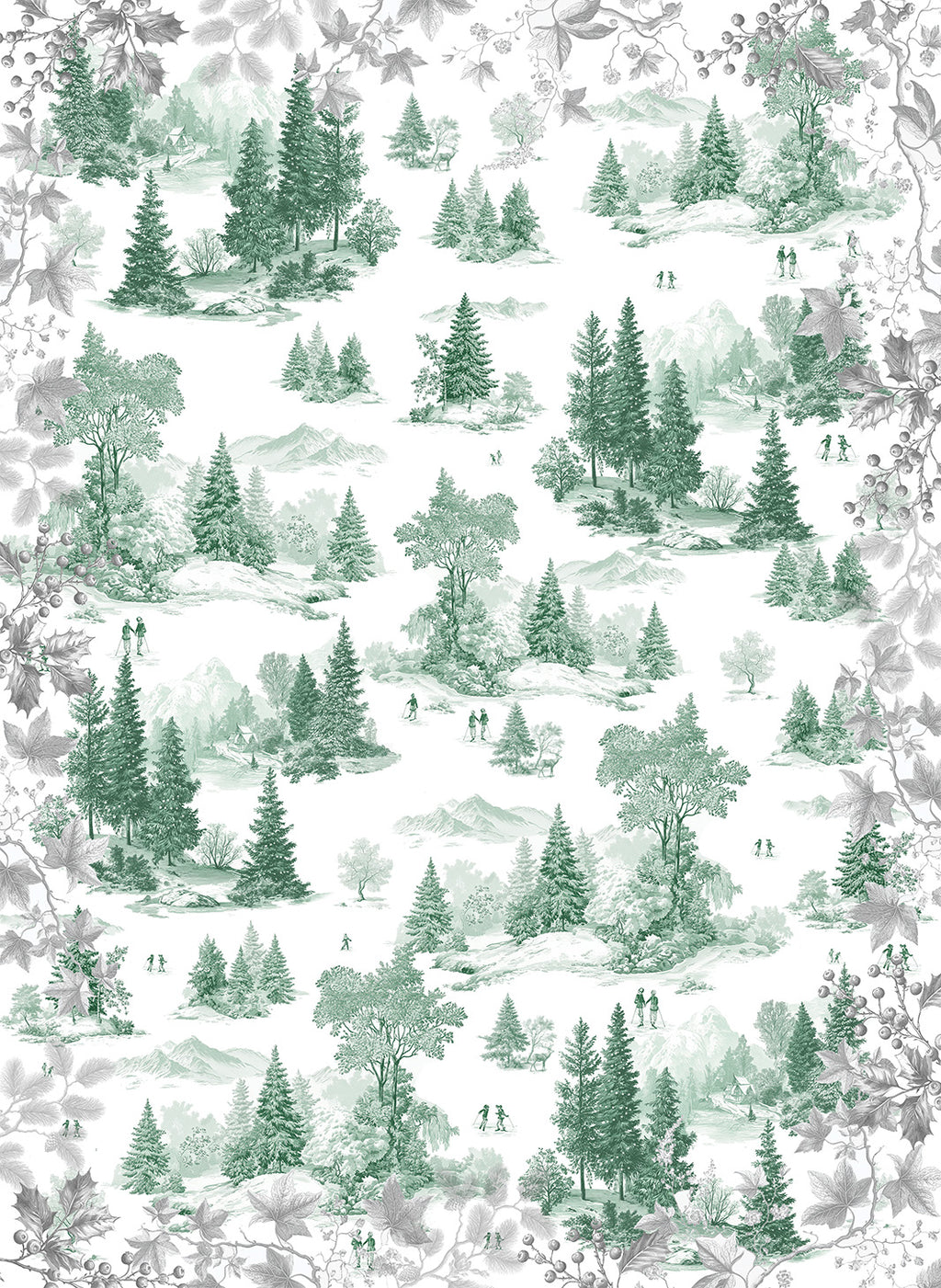 Toile de Jouy kitchen towels in Premium Linen with digitally printed design, green variant, detail view
