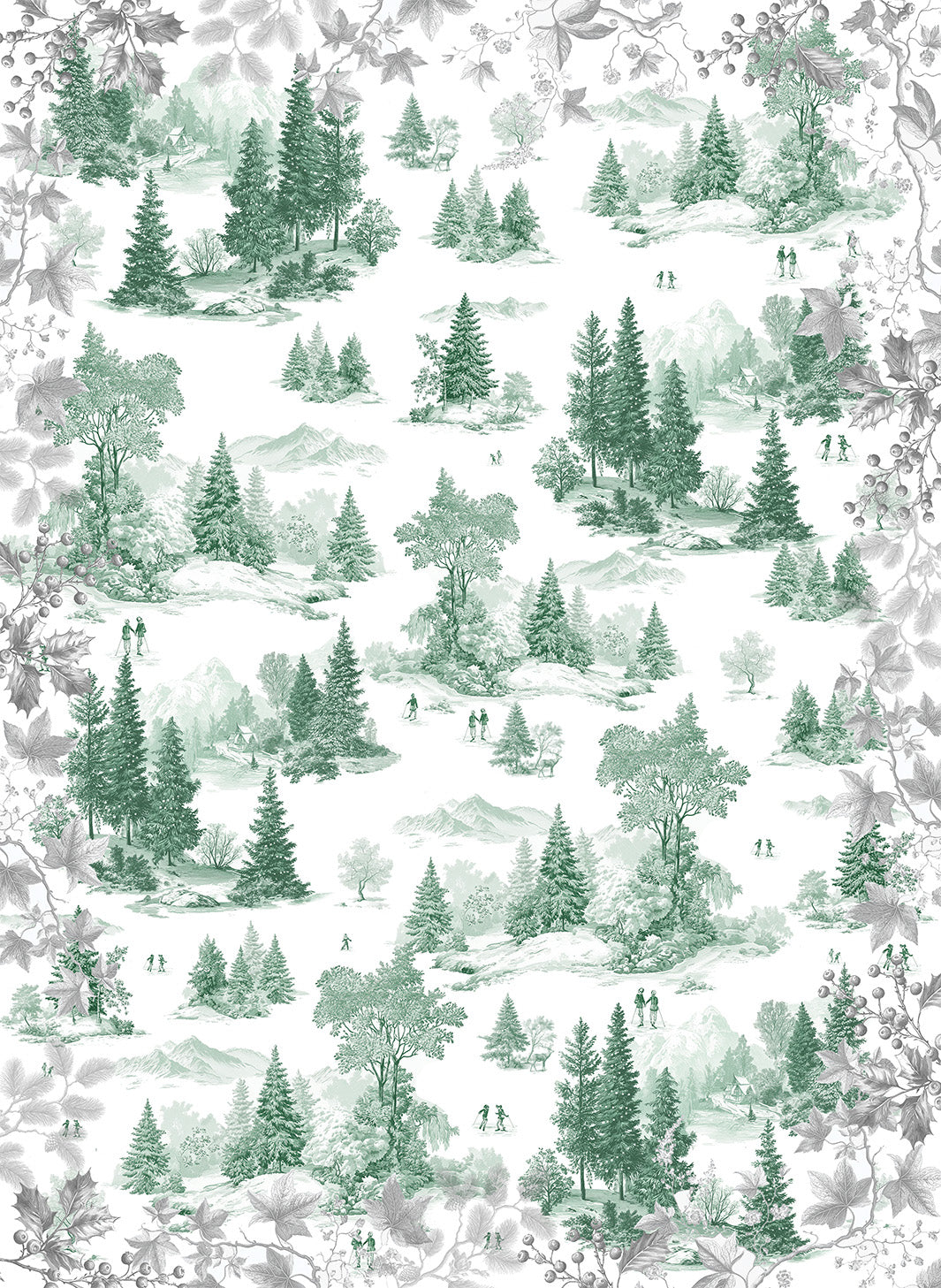 Toile de Jouy kitchen towels in Premium Linen with digitally printed design, green variant, detail view