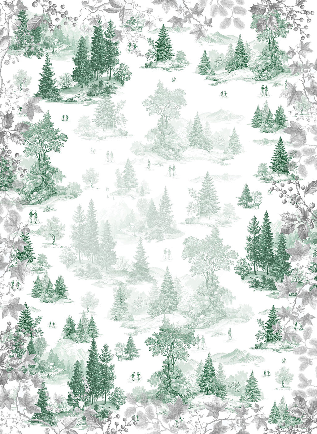 Toile de Jouy kitchen towels in Premium Linen with digitally printed design, green variant, styled view