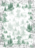 Toile de Jouy kitchen towels in Premium Linen with digitally printed design, green variant, styled view