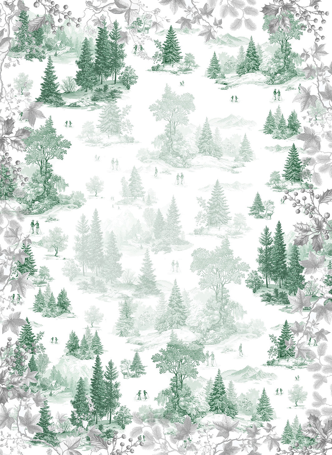 Toile de Jouy kitchen towels in Premium Linen with digitally printed design, green variant, styled view