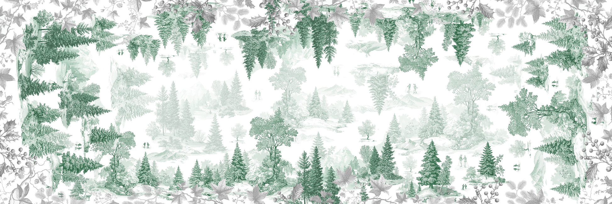 Toile De Jouy Runner Premium Linen with classic illustrated print, green variant, 50x150 cm