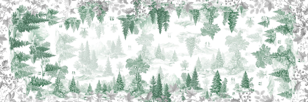 Toile De Jouy Runner Premium Linen with classic illustrated print, green variant, 50x150 cm