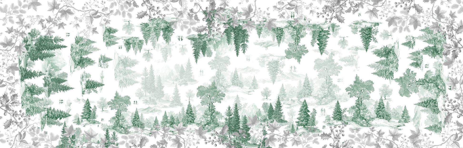 Toile De Jouy Runner Premium Linen with classic illustrated print, green variant, 80x250 cm