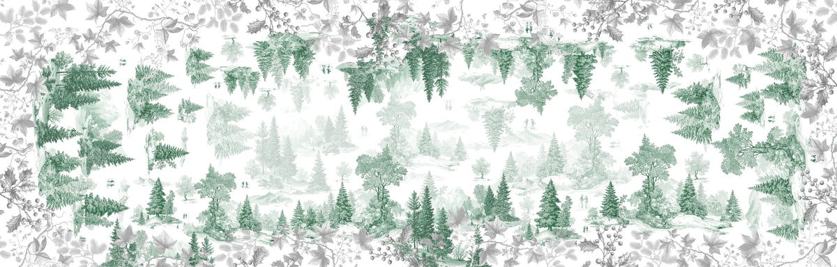 Toile De Jouy Runner Premium Linen with classic illustrated print, green variant, 80x250 cm