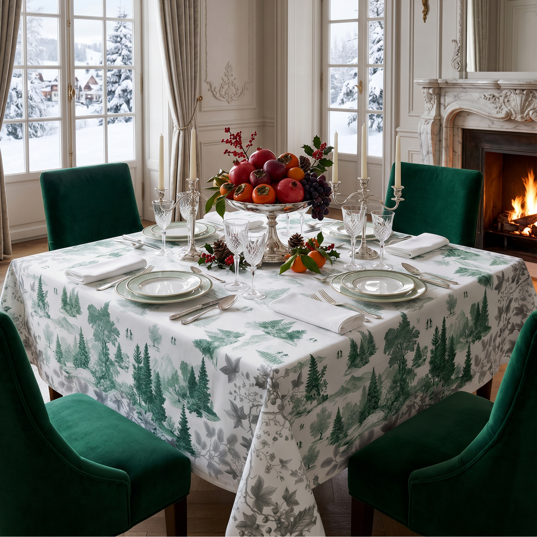 Toile De Jouy tablecloth premium linen in 180x180 cm with digitally printed decorative design