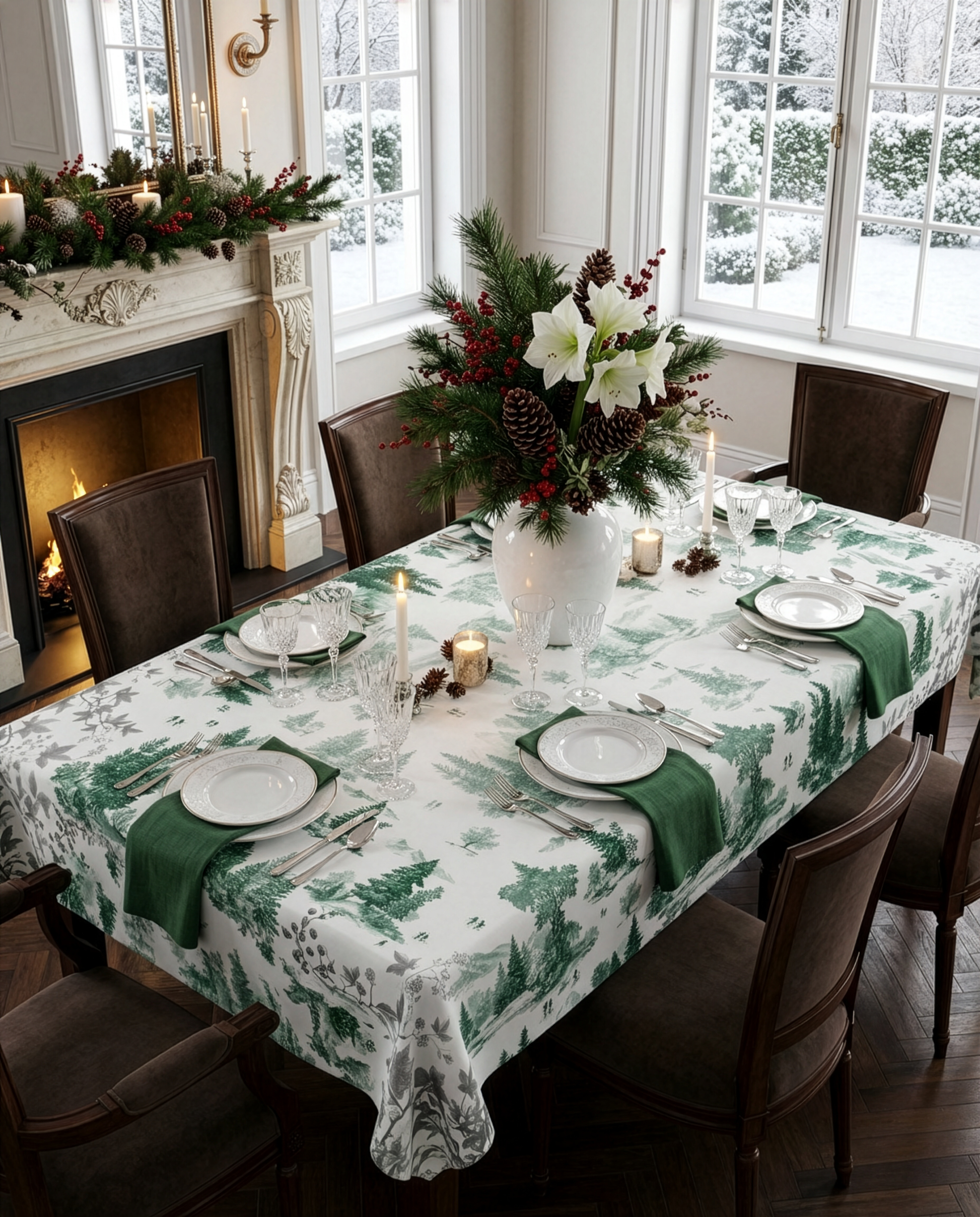Toile De Jouy tablecloth premium linen in 180x180 cm with digitally printed decorative design
