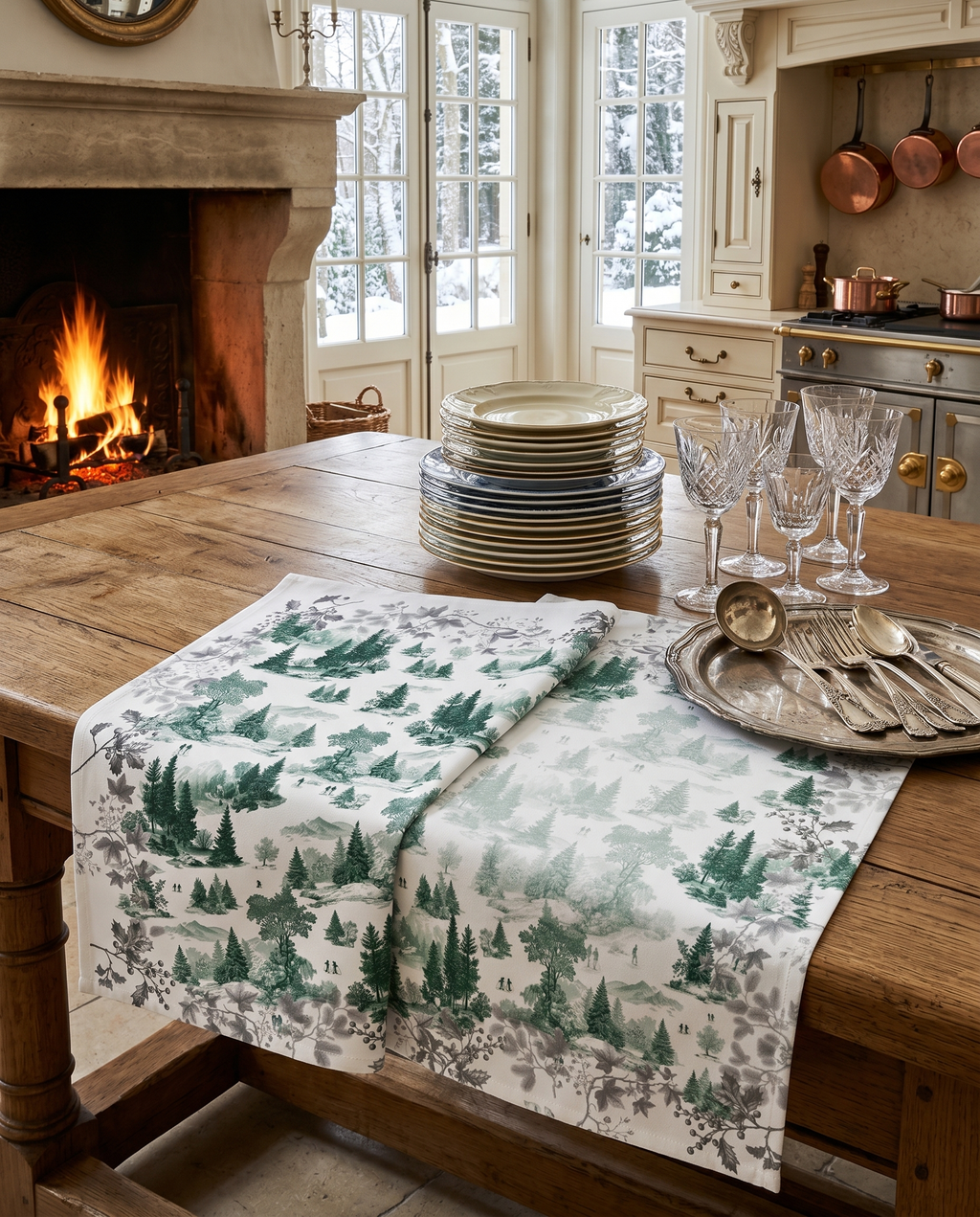 Toile de Jouy kitchen towels in Premium Linen with digitally printed design, green variant