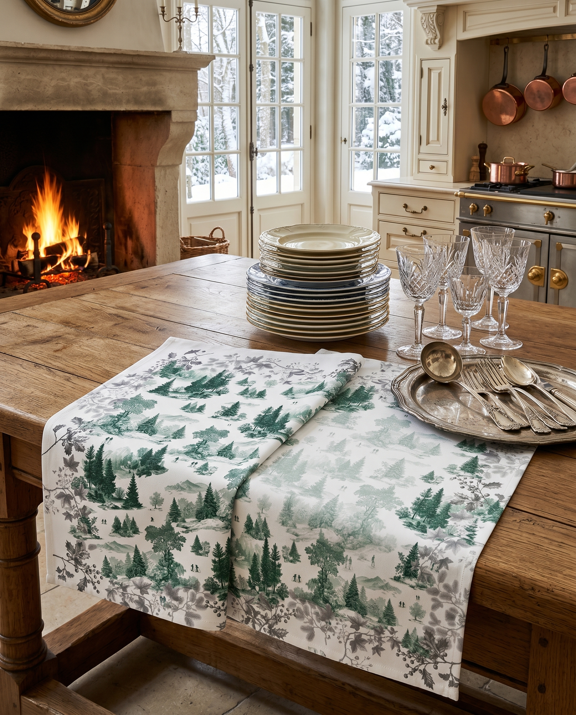 Toile de Jouy kitchen towels in Premium Linen with digitally printed design, green variant
