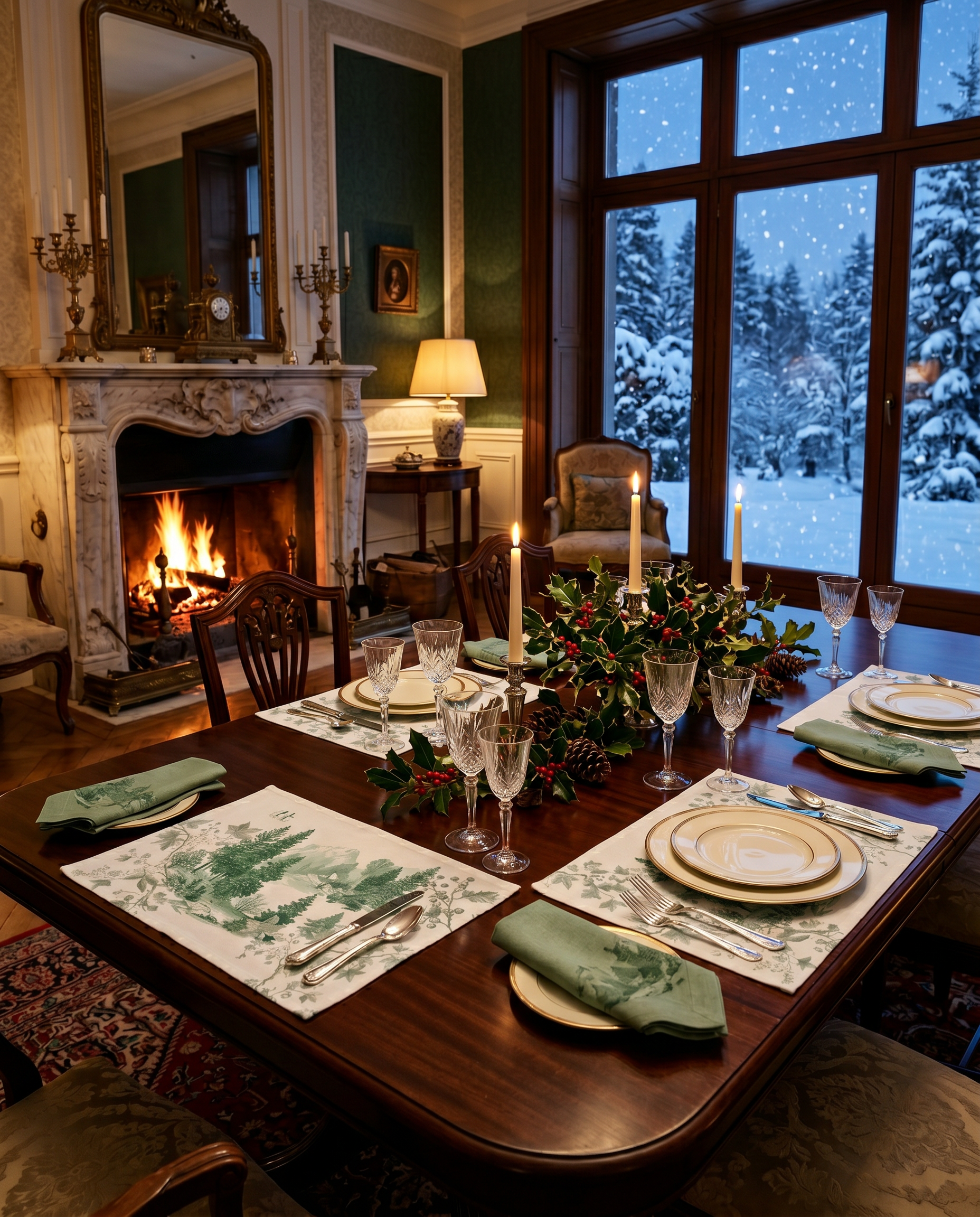 Toile De Jouy green variant styled table setting in premium linen by The Napking