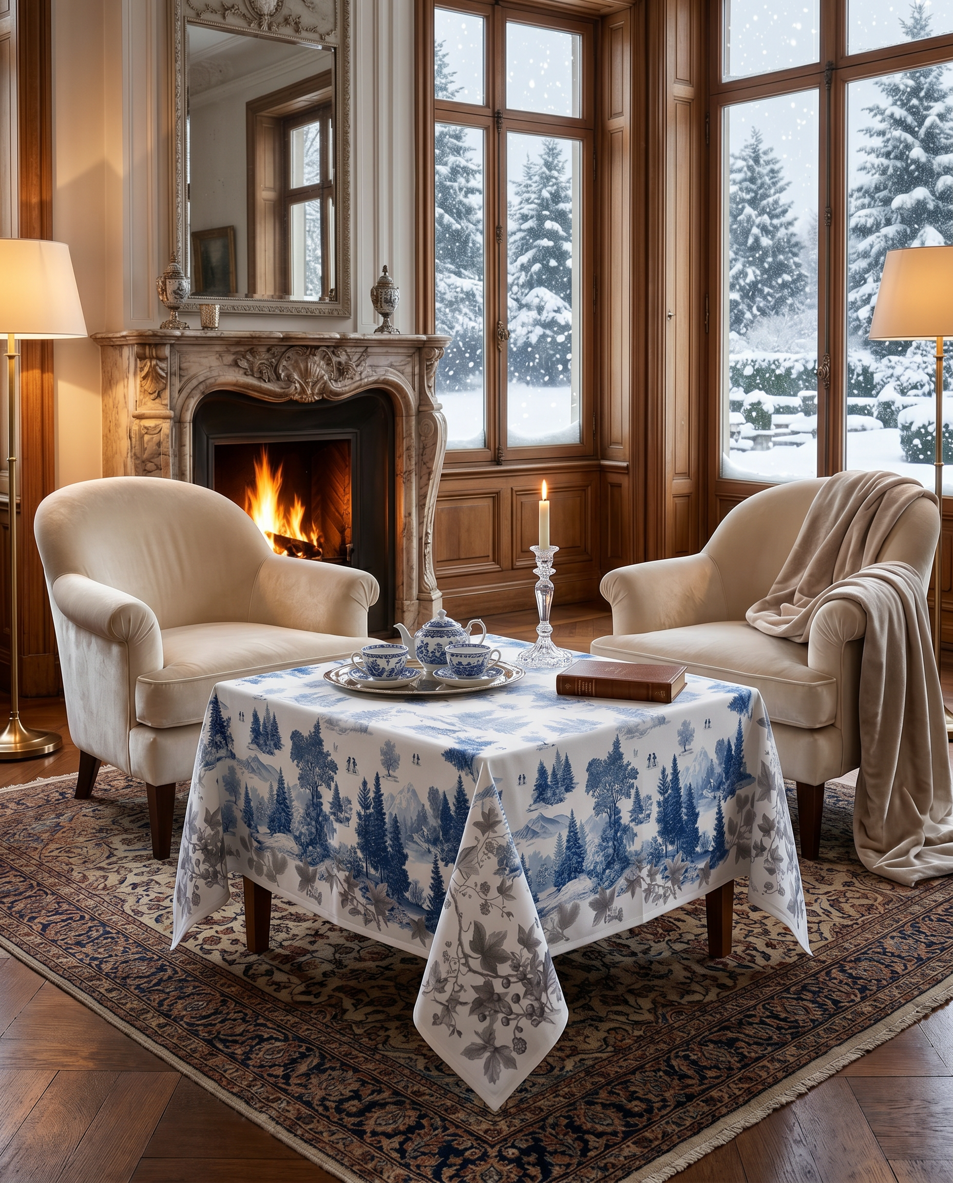 Toile De Jouy tablecloth premium linen in 180x270 cm with digitally printed decorative design