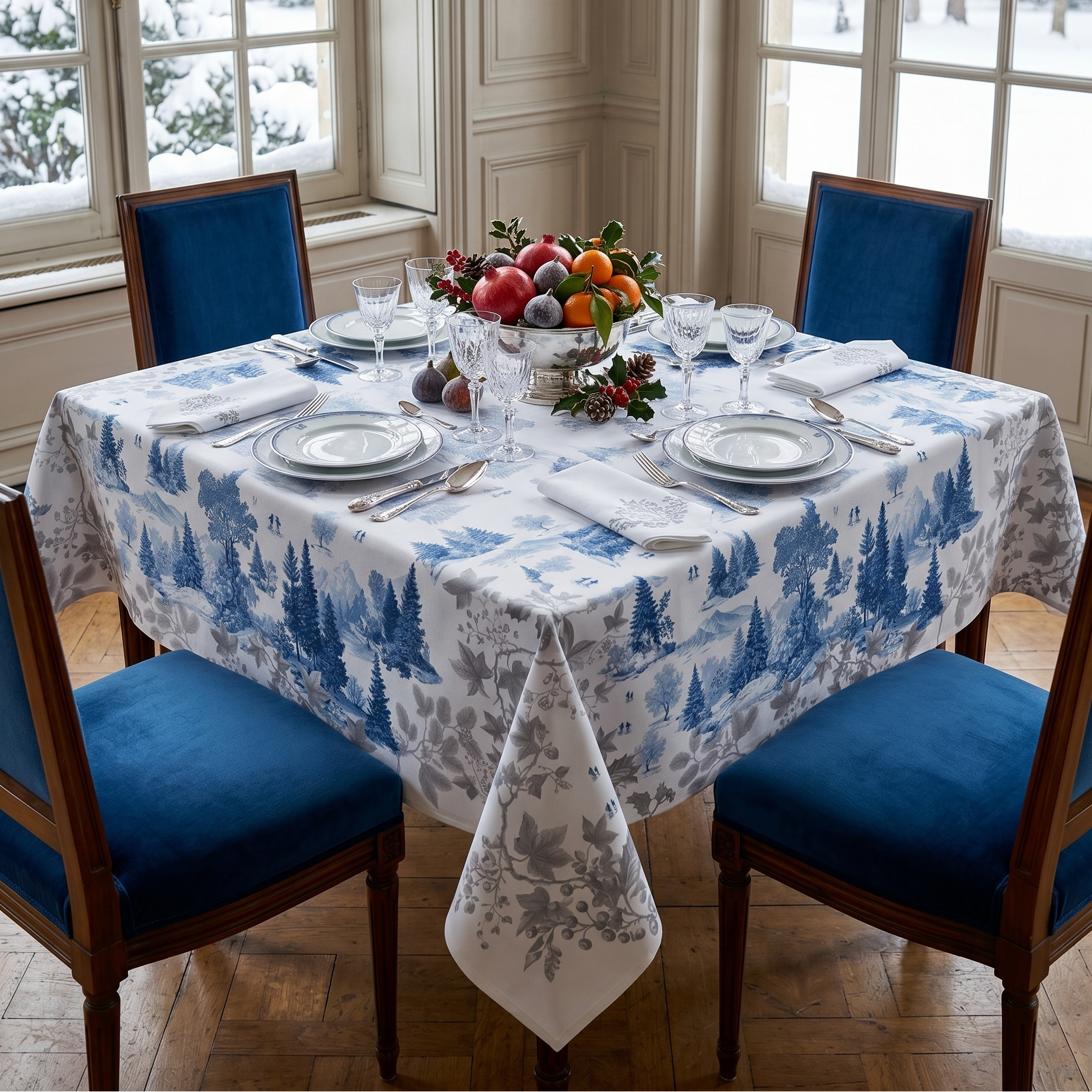 Toile De Jouy tablecloth premium linen in 180x270 cm with digitally printed decorative design