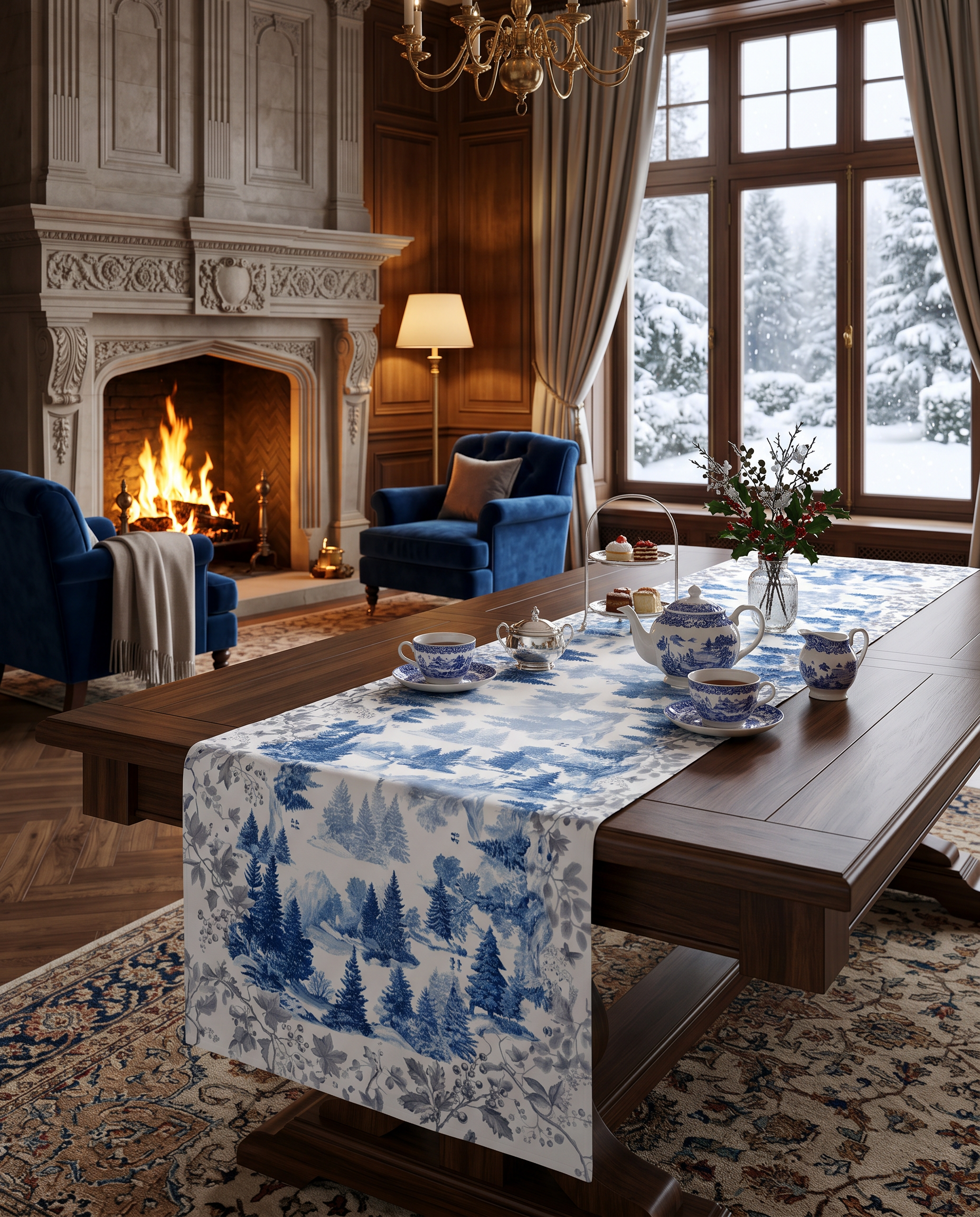 Toile De Jouy Runner Premium Linen with classic illustrated print, blue variant