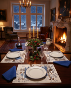 Toile De Jouy blue variant styled table setting in premium linen by The Napking