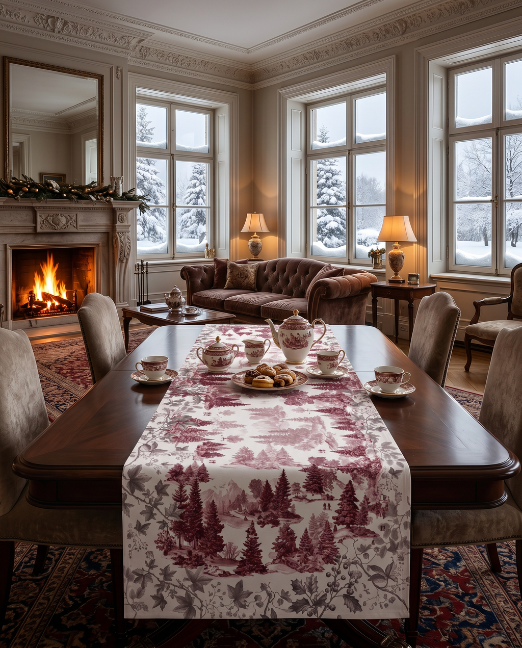 Toile De Jouy Runner Premium Linen with classic illustrated print, ruby variant