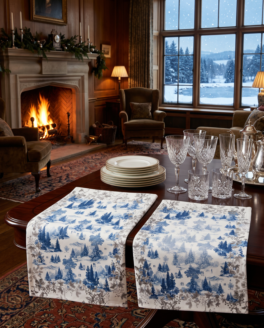 Toile de Jouy kitchen towels in Premium Linen with digitally printed design, blue variant