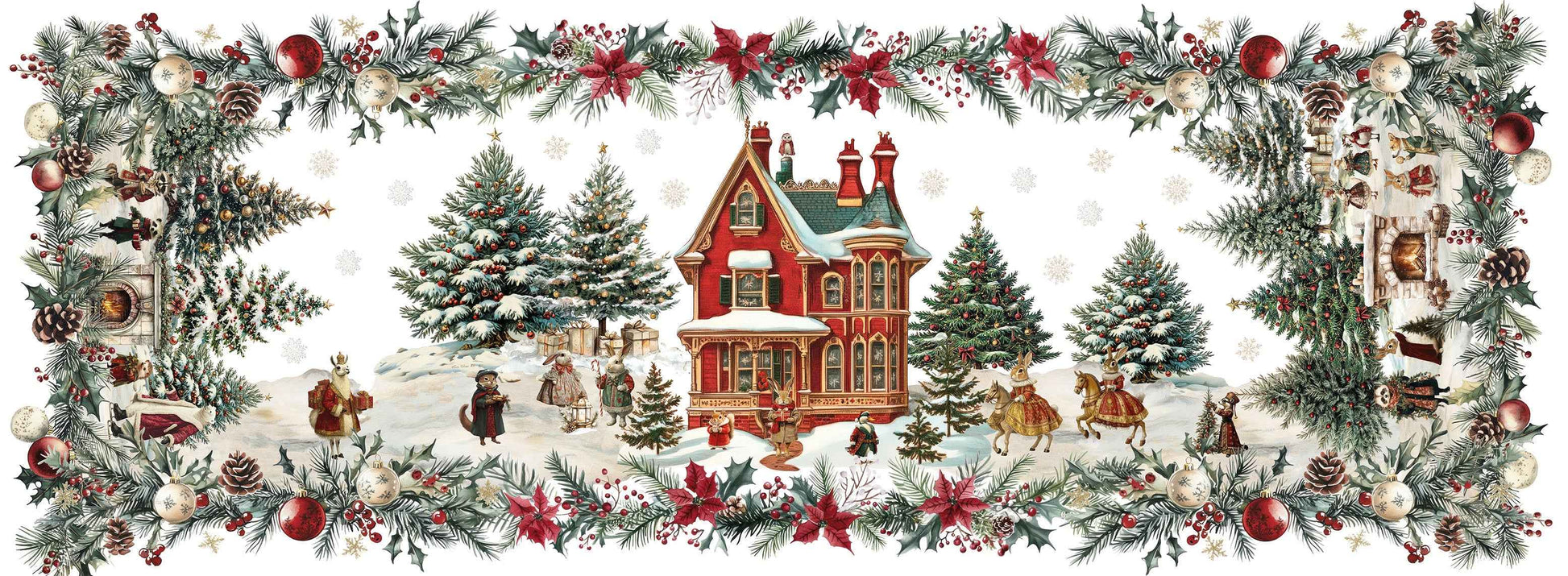 Pure Linen Runner «Xmas Village» 100% Made in Italy