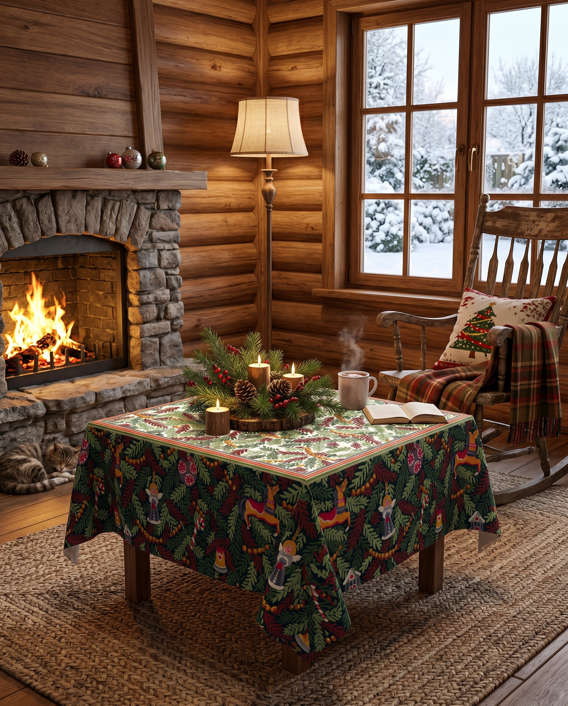 Xmas Charms tablecloth pure linen 180x180 cm with festive holiday charm print image 4