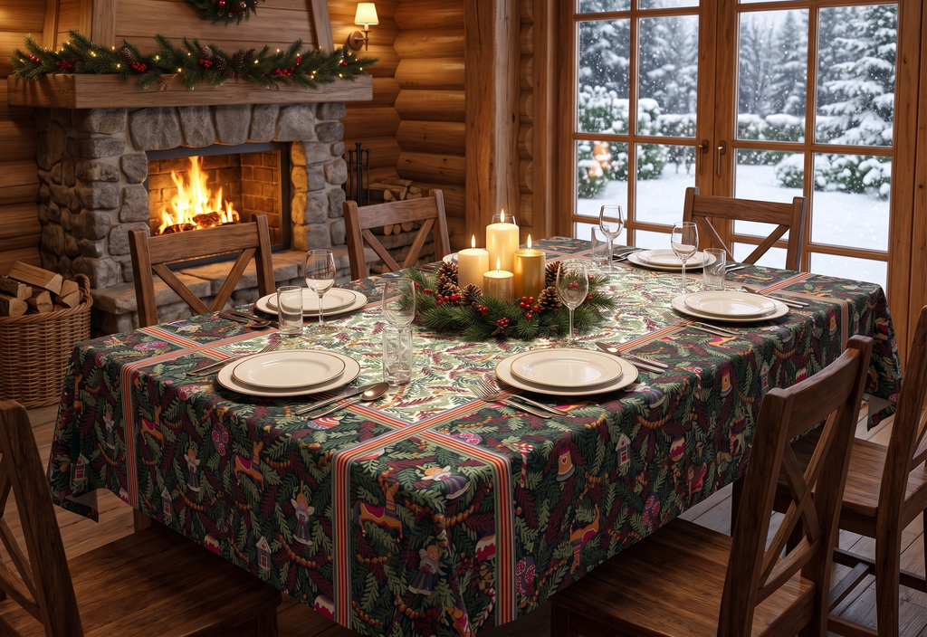Xmas Charms tablecloth pure linen 180x360 cm with festive holiday charm print main image
