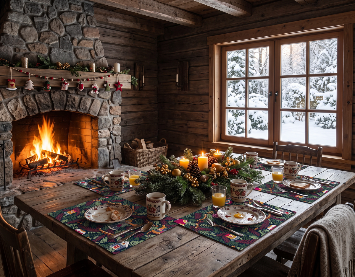 Xmas Charms set of 4 placemats pure linen with festive holiday charm print main image