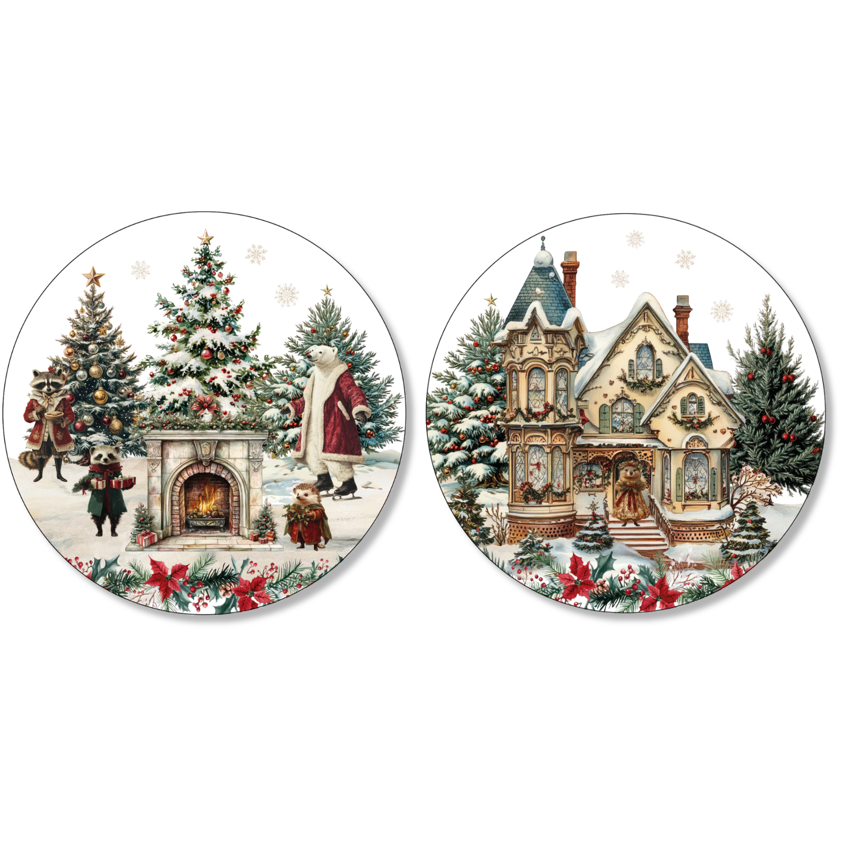 Xmas Village Set of 2 Coasters Wood and Cork